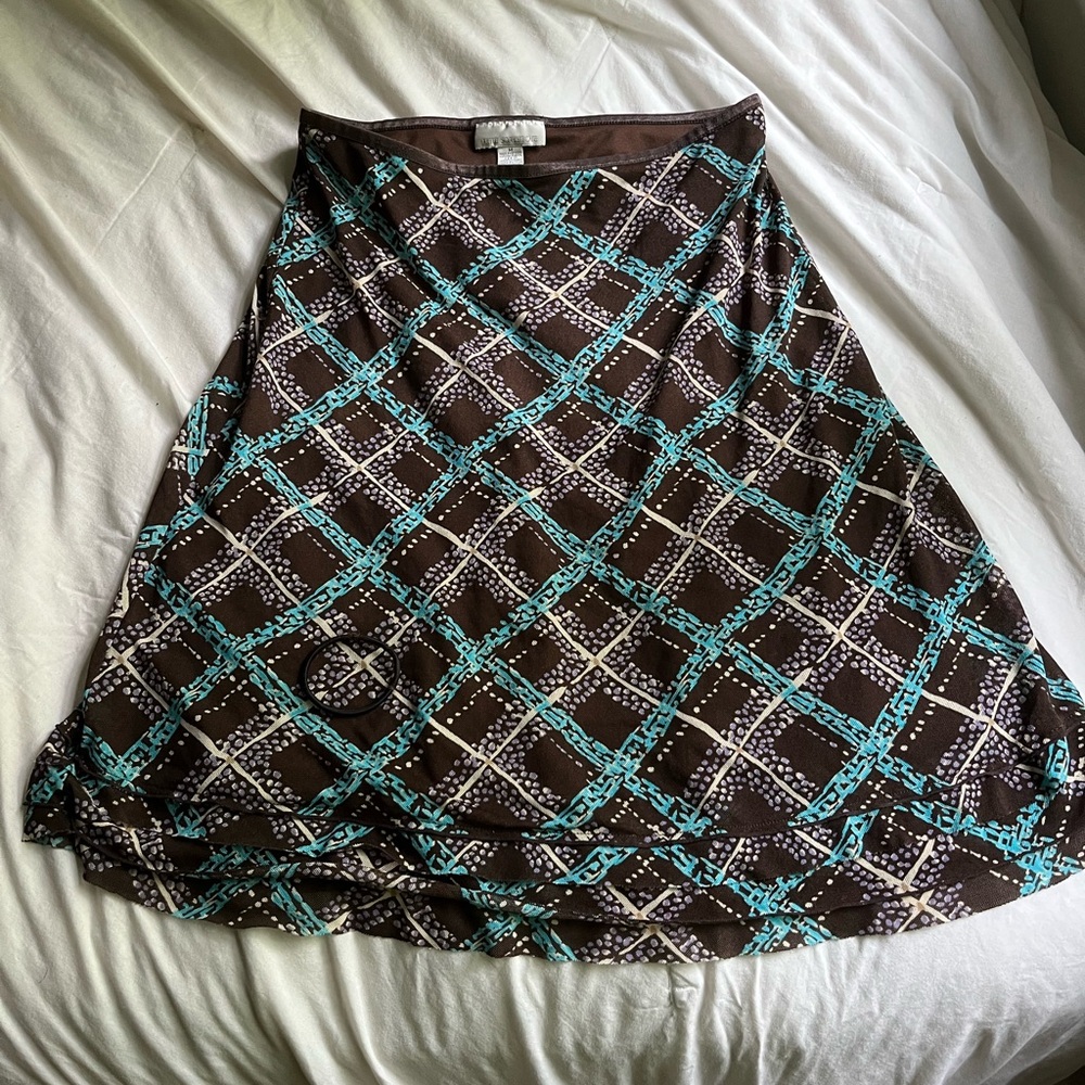Brown and blue patterned midi skirt